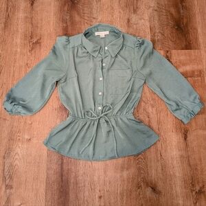 Monteau Los Angeles Cottagecore Green Puff Sleeve Tie Waist Button Up Top Size S